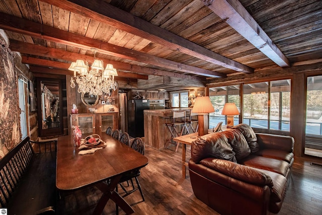 dining area featuring a notable chandelier, beam ceiling, dark hardwood / wood-style floors, and wood ceiling