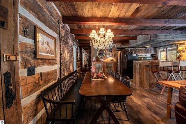 dining space with wood walls, wood ceiling, dark wood-type flooring, and beam ceiling