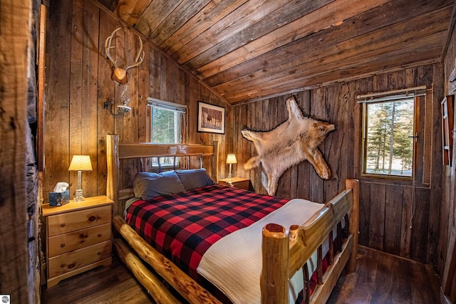 bedroom featuring dark hardwood / wood-style floors, wooden walls, lofted ceiling, and wooden ceiling