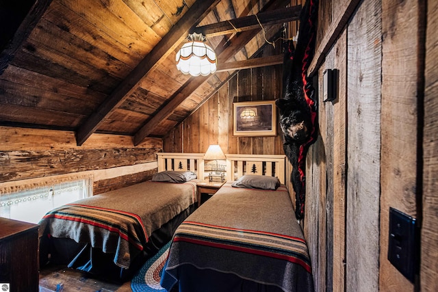 unfurnished bedroom with vaulted ceiling with beams, wood walls, and wooden ceiling