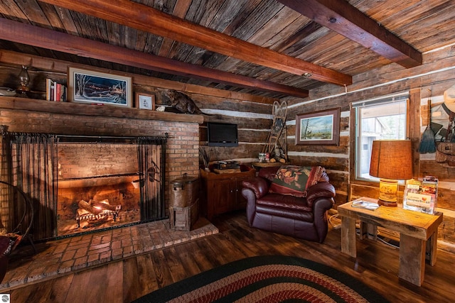 living room featuring a brick fireplace, wood walls, wooden ceiling, wood-type flooring, and beam ceiling