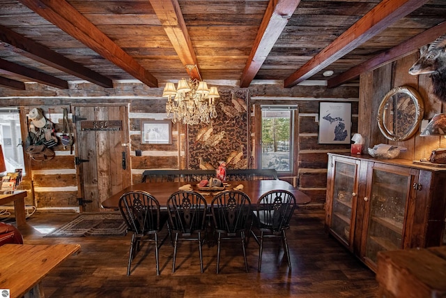 dining space featuring wooden ceiling, beamed ceiling, dark hardwood / wood-style floors, and a chandelier