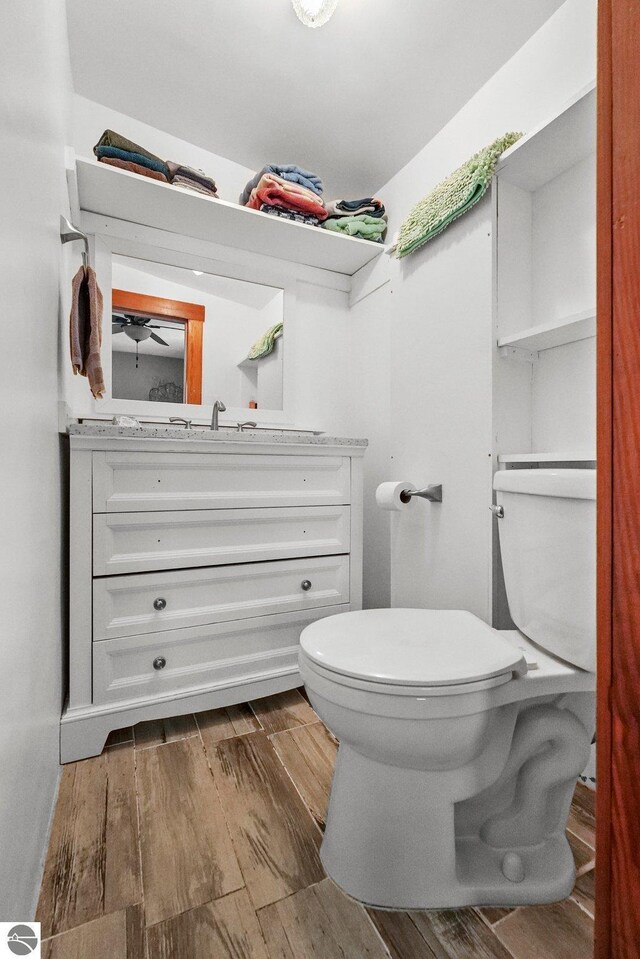224 Saint Marys St, Suttons Bay, MI 49682 - bathroom featuring toilet, vanity, and wood finished floors