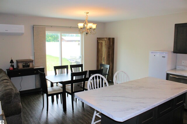 dining area with a wall unit AC, a notable chandelier, and dark hardwood / wood-style flooring