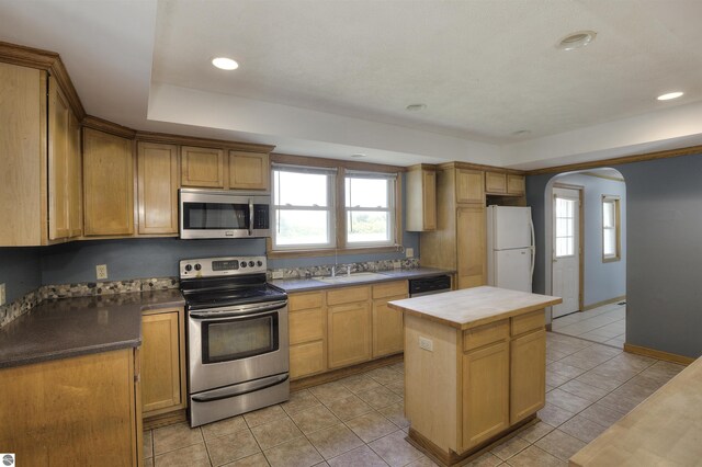 kitchen featuring light tile patterned flooring, appliances with stainless steel finishes, sink, a center island, and a raised ceiling