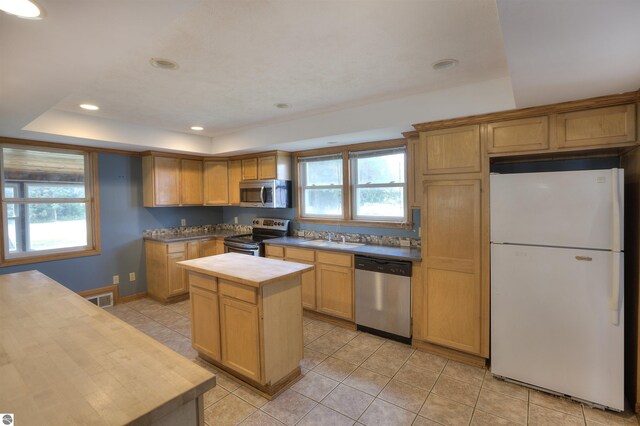 kitchen with a kitchen island, appliances with stainless steel finishes, sink, wooden counters, and a tray ceiling