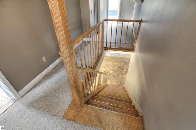 stairs featuring carpet floors