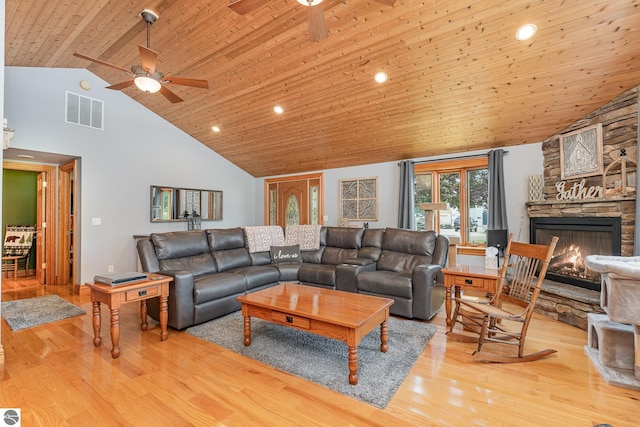 living room featuring a fireplace, high vaulted ceiling, light hardwood / wood-style flooring, and wooden ceiling