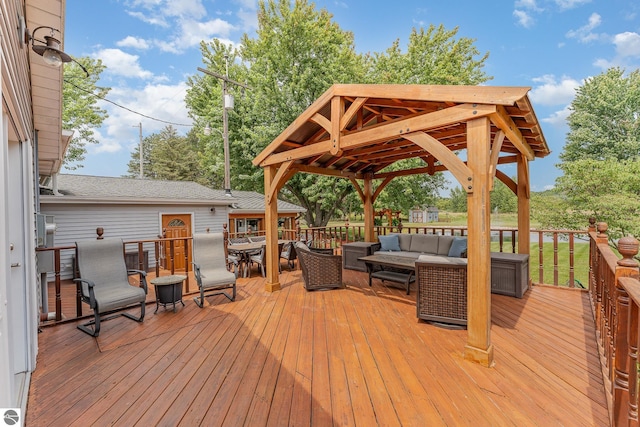 wooden deck featuring an outdoor living space