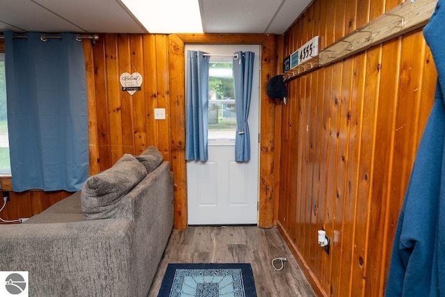 doorway featuring hardwood / wood-style flooring and wood walls