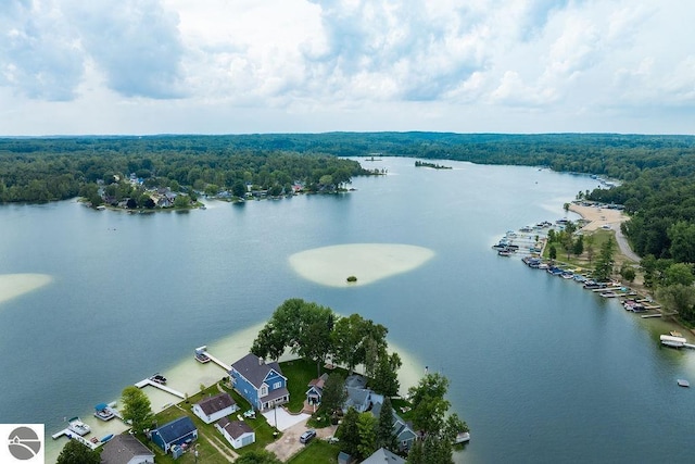 drone / aerial view with a water view