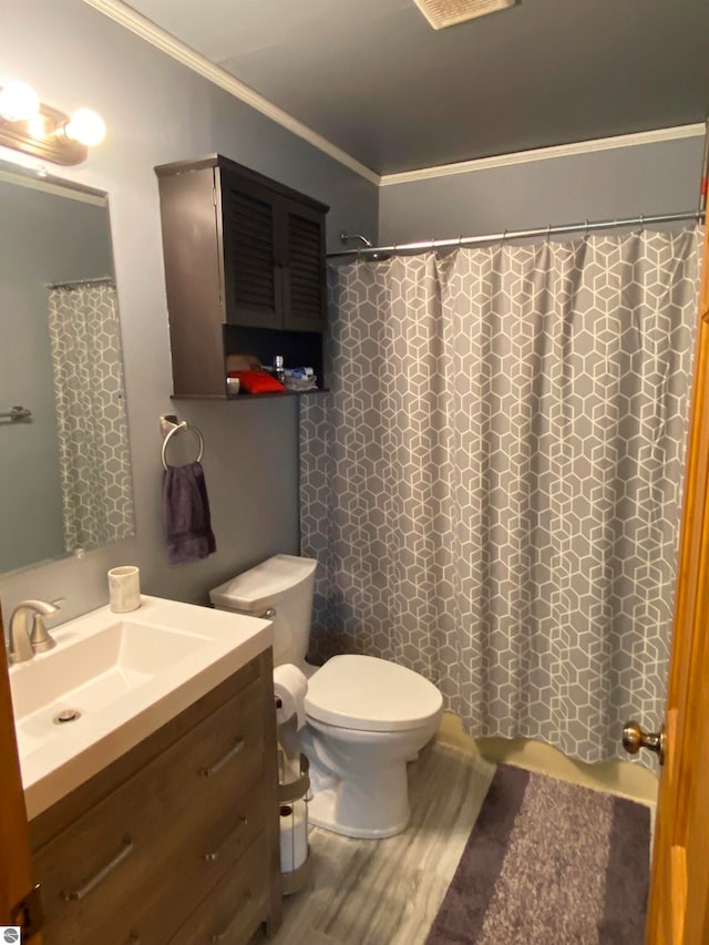 bathroom featuring toilet, vanity, and ornamental molding