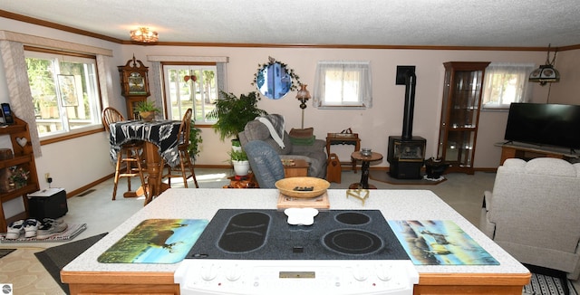 kitchen featuring a healthy amount of sunlight, a wood stove, and a textured ceiling