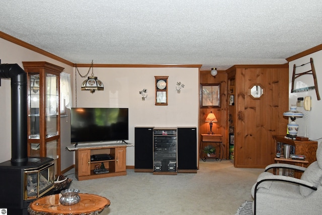 living room featuring crown molding, light carpet, and a wood stove