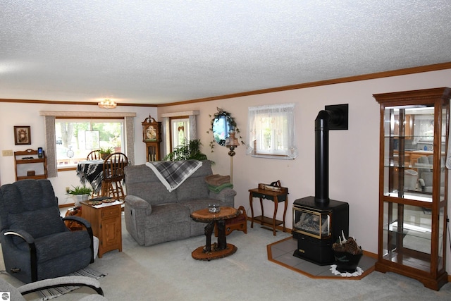 carpeted living room featuring crown molding, a textured ceiling, and a wood stove