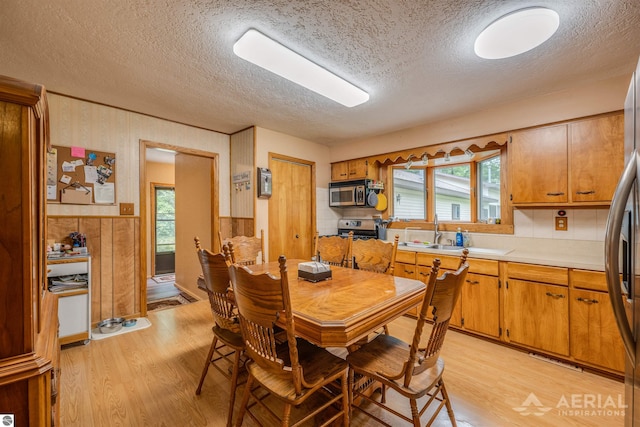 dining area with light wood-type flooring, a healthy amount of sunlight, and wainscoting