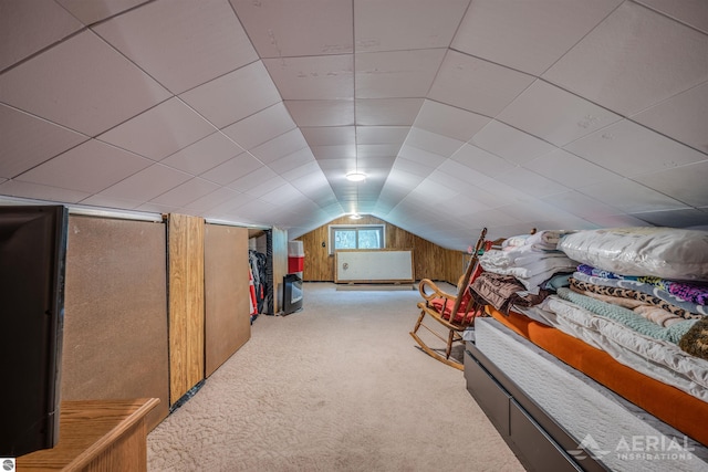 additional living space with vaulted ceiling, carpet floors, and wood walls