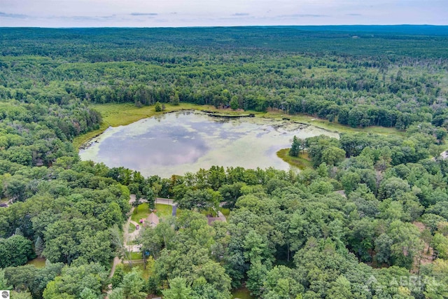 aerial view with a water view and a forest view