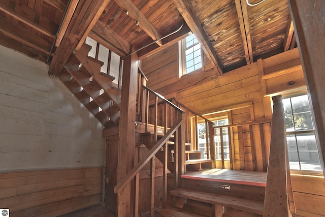 staircase with wooden ceiling and wood walls