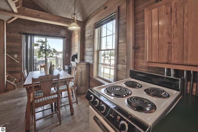 kitchen featuring brown cabinetry, plenty of natural light, range with electric stovetop, and wooden walls