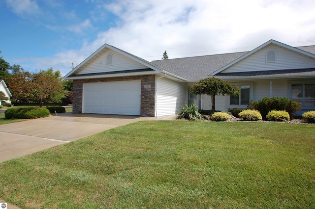 ranch-style home featuring roof with shingles, an attached garage, a front lawn, concrete driveway, and stone siding