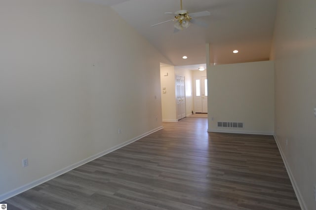 unfurnished room featuring recessed lighting, dark wood-style floors, visible vents, and baseboards