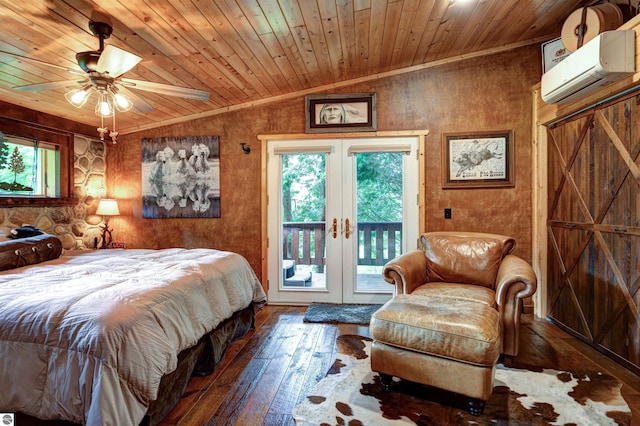 bedroom featuring vaulted ceiling, a wall mounted air conditioner, access to exterior, wooden ceiling, and french doors