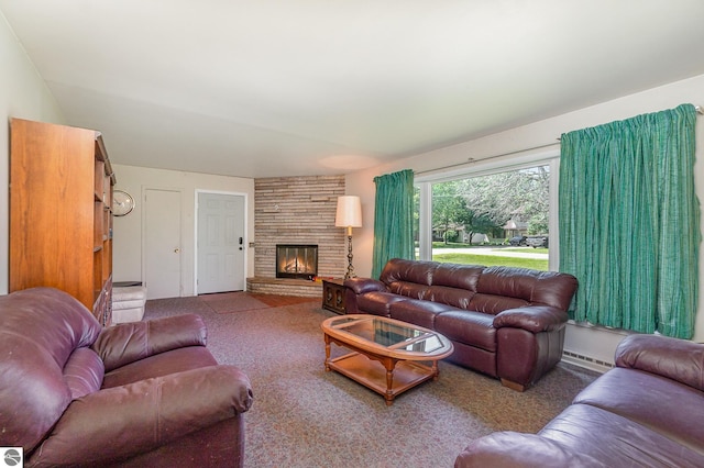 living room with a fireplace and carpet