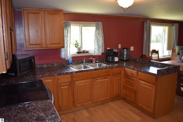 kitchen featuring brown cabinetry, light wood-style flooring, a peninsula, black electric range, and a sink