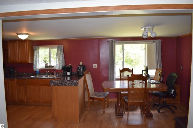 kitchen featuring light wood-style flooring, black microwave, and a sink