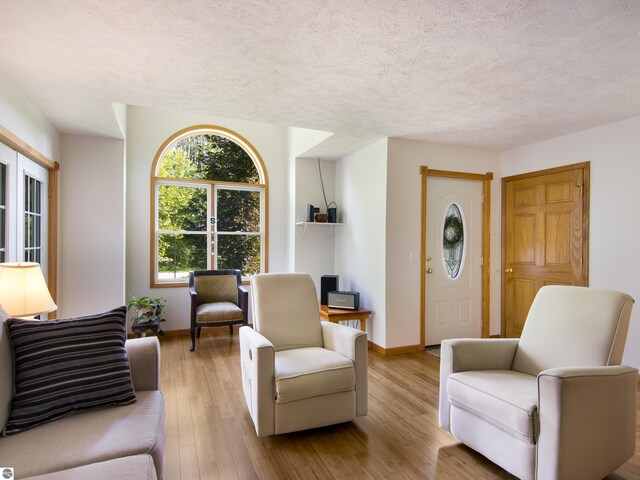 living room featuring a textured ceiling and light hardwood / wood-style floors