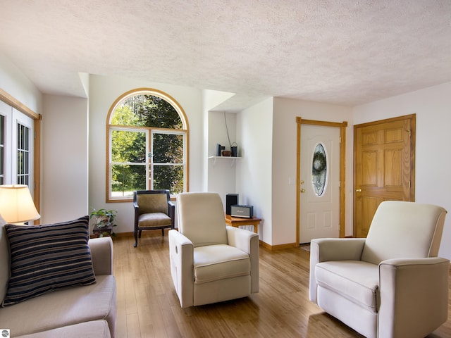 living room featuring a textured ceiling and light hardwood / wood-style flooring