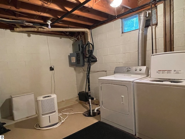 clothes washing area featuring washer and dryer and electric panel