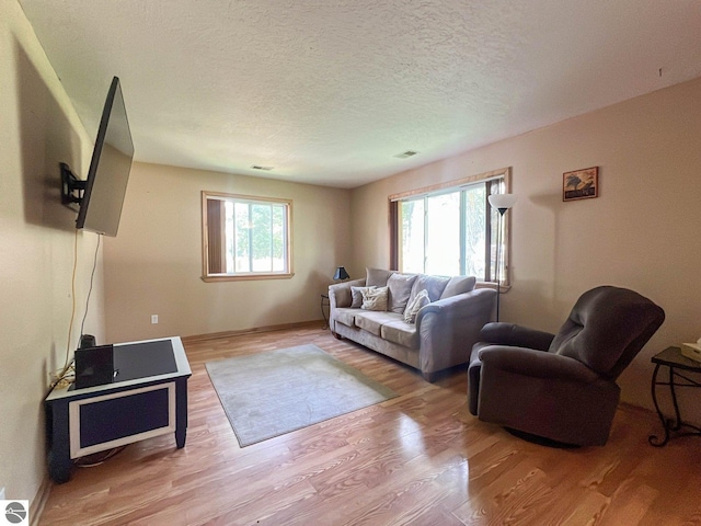 living room with a textured ceiling and light hardwood / wood-style flooring