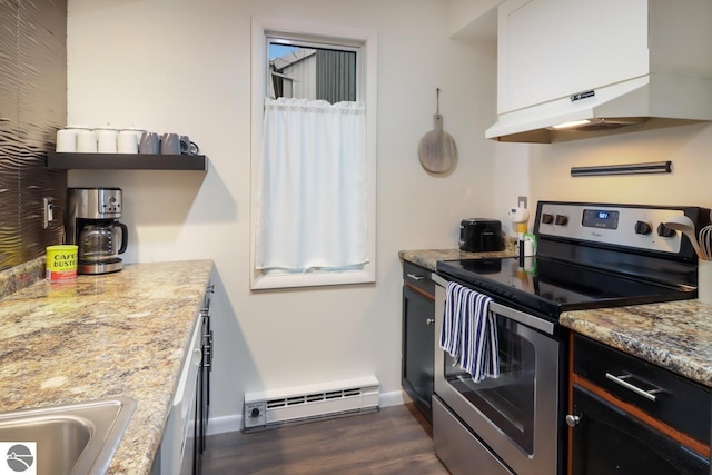 kitchen with light stone counters, a baseboard heating unit, dark hardwood / wood-style flooring, and stainless steel electric range