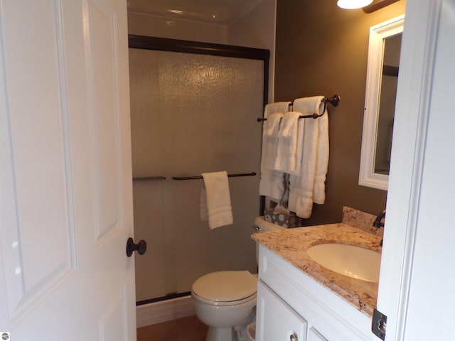 bathroom with an enclosed shower, toilet, and vanity