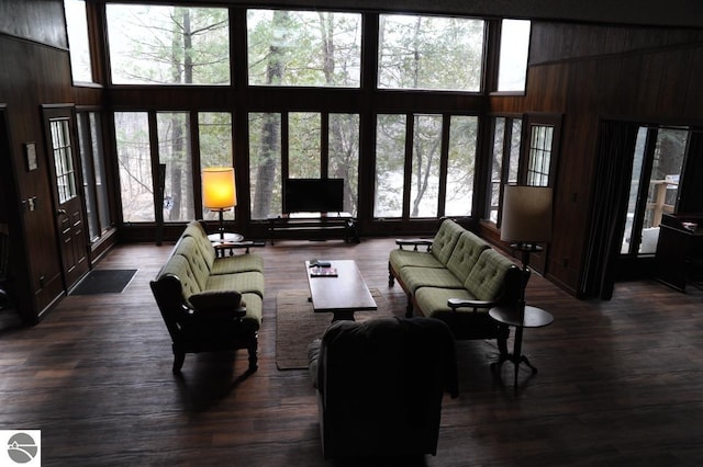 living room featuring wood walls, dark hardwood / wood-style floors, and a high ceiling