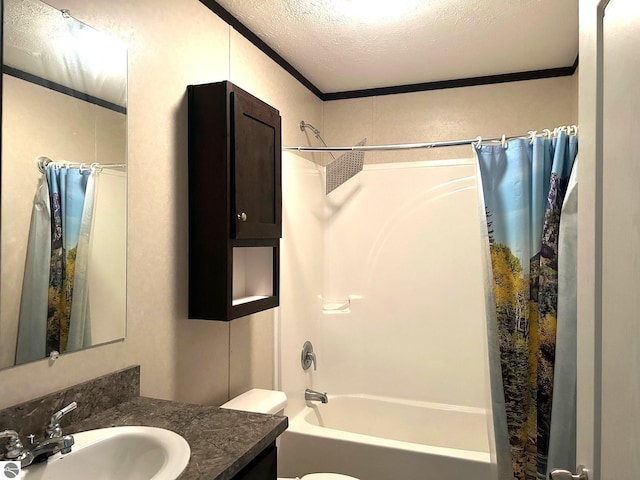 full bath with shower / tub combo, toilet, a textured ceiling, and vanity