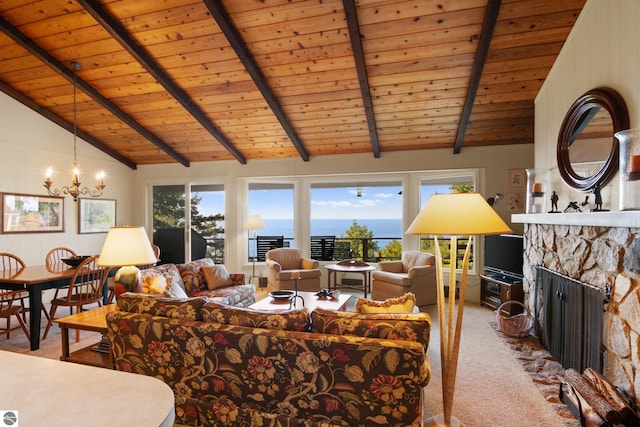 living room featuring a fireplace, beamed ceiling, light carpet, and wooden ceiling