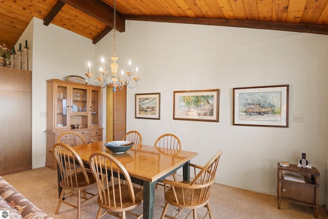 dining space featuring light carpet, wooden ceiling, vaulted ceiling with beams, and an inviting chandelier