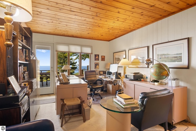 office featuring wood ceiling and light colored carpet