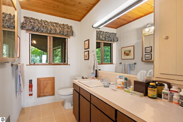 bathroom with vanity, tile patterned flooring, toilet, and wooden ceiling