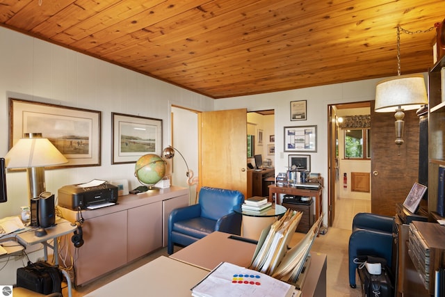 carpeted office space with wood ceiling