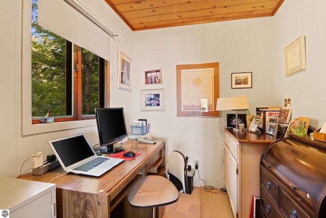 office area featuring wood ceiling