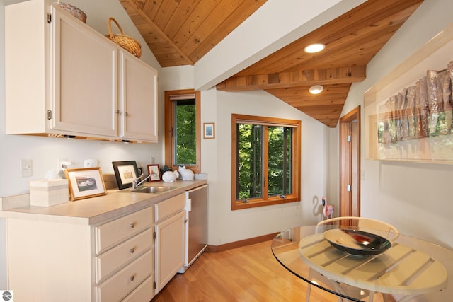 kitchen with sink, stainless steel dishwasher, vaulted ceiling with beams, and wood ceiling