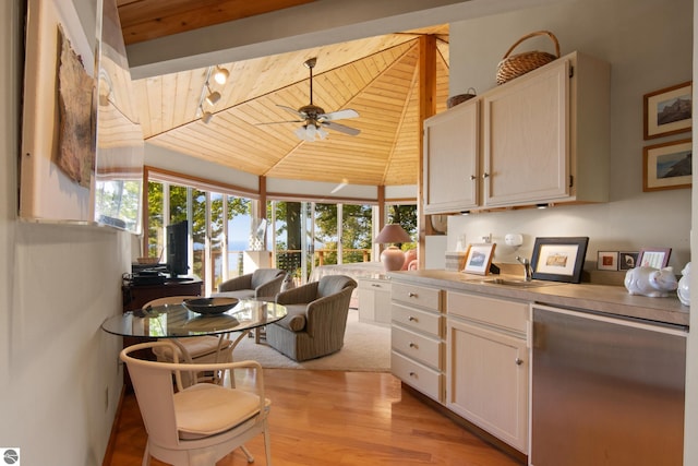 kitchen with white cabinetry, light wood-type flooring, stainless steel dishwasher, vaulted ceiling, and wooden ceiling