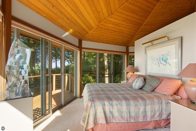 carpeted bedroom featuring multiple windows, access to exterior, vaulted ceiling, and wood ceiling