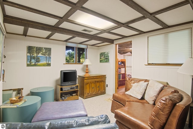 carpeted living room featuring coffered ceiling