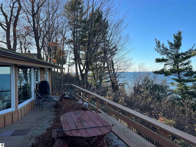 wooden deck with a water view