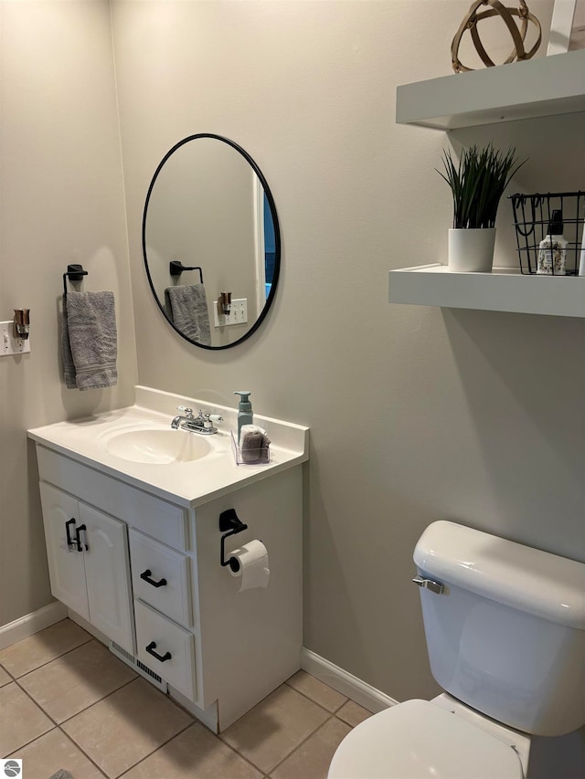 bathroom with toilet, tile patterned flooring, and vanity